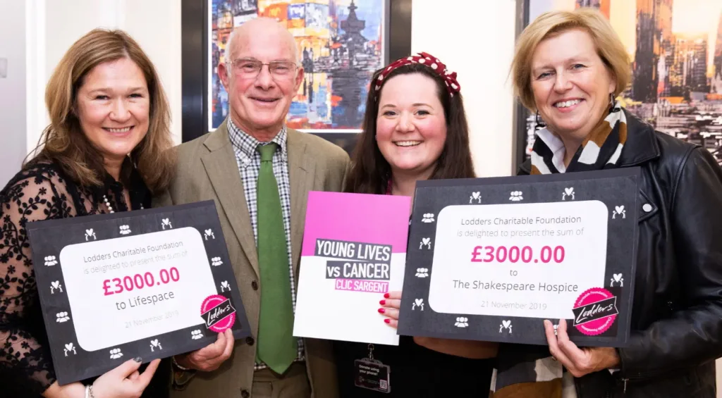 The Lodders Charitable Foundation has raised funds for Lifespace Trust, CLIC Sargent and The Shakespeare Hospice. Left to right, Andrea Gardner (Lifespace), David Lodder, Emily Waddell (Clic Sargent), Fiona Murphy (The Shakespeare Hospice).