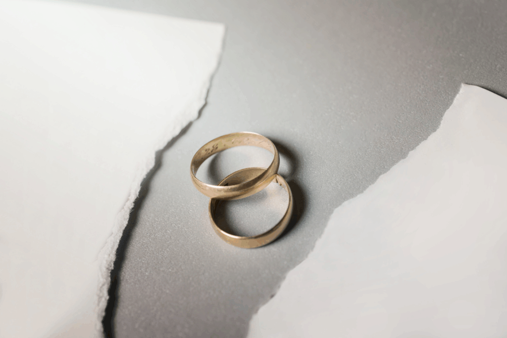 Business and divorce, rings and ripped paper
